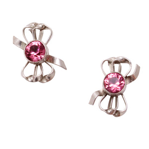 Pretty in Pink Rhinestone Sterling Bow Earrings Front