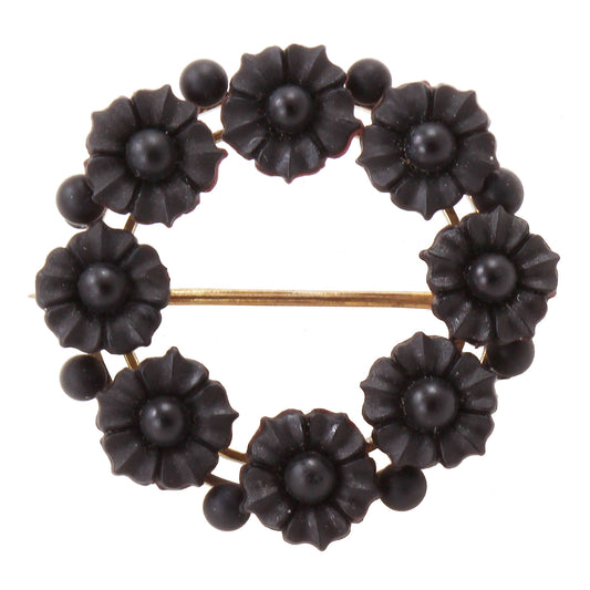 Victorian Jet Forget Me Not Flower Wreath Pin Front