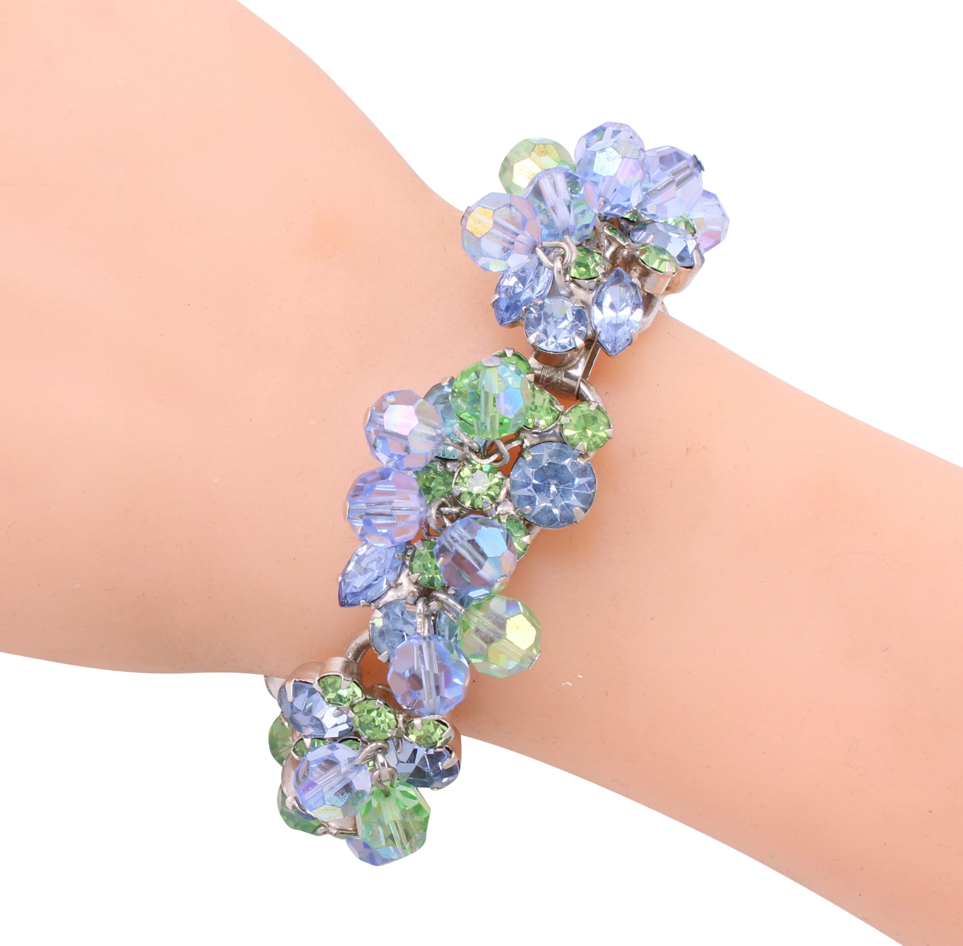 Juliana Sea of Blue and Green Bead and Rhinestone Bracelet Worn