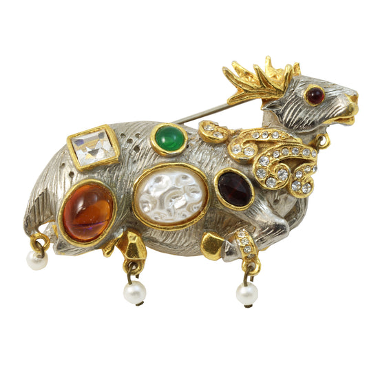 Vintage Kenneth J. Lane Rhinestone and Cabochon Deer Pin/Brooch Front