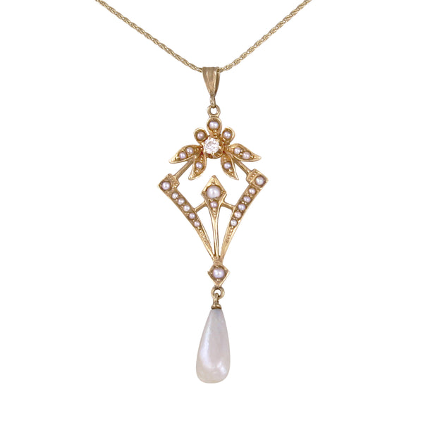 Edwardian 14k Pearl and Diamond Lavaliere Pendant