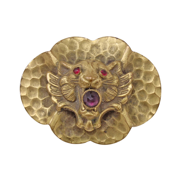 Arts Crafts Hammered Brass Rhinestone Tiger Pin/Brooch Front