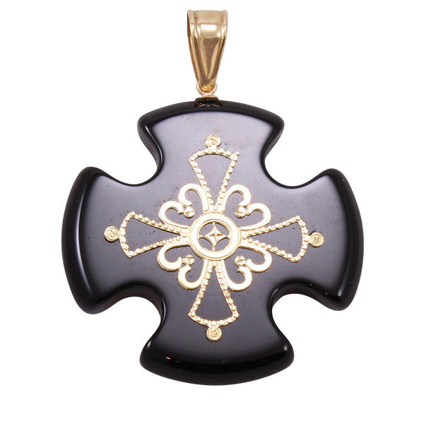 Victorian Revival 14k Gold and Onyx Maltese Cross Pendant