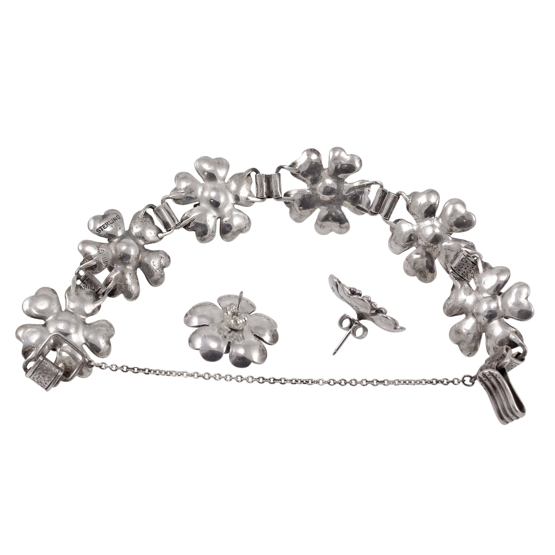 Vintage Ming's Sterling Plum Blossom Bracelet and Earrings Back