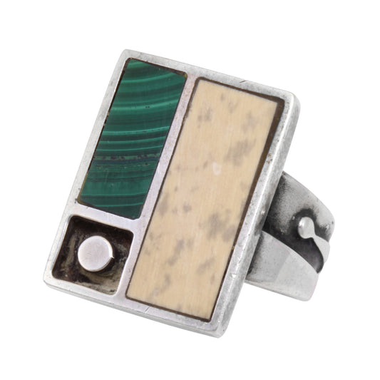 Mid-Century Modern Sterling Jasper and Malachite Ring