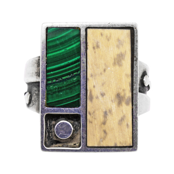 Mid-Century Modern Sterling Jasper and Malachite Ring