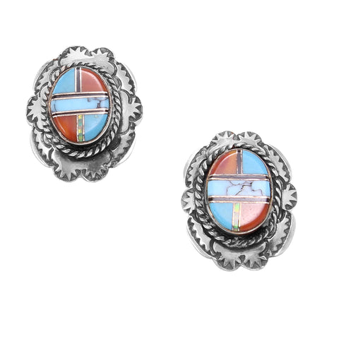 Zuni Sterling Coral, Turquoise, and Opal Earrings Front