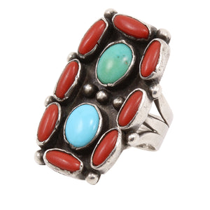Vintage Native American Coral and Turquoise Sterling Ring