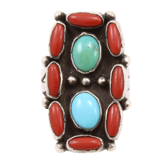 Vintage Native American Coral and Turquoise Sterling Ring