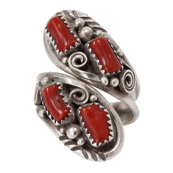 Navajo Coral and Sterling Silver Bypass Ring Front