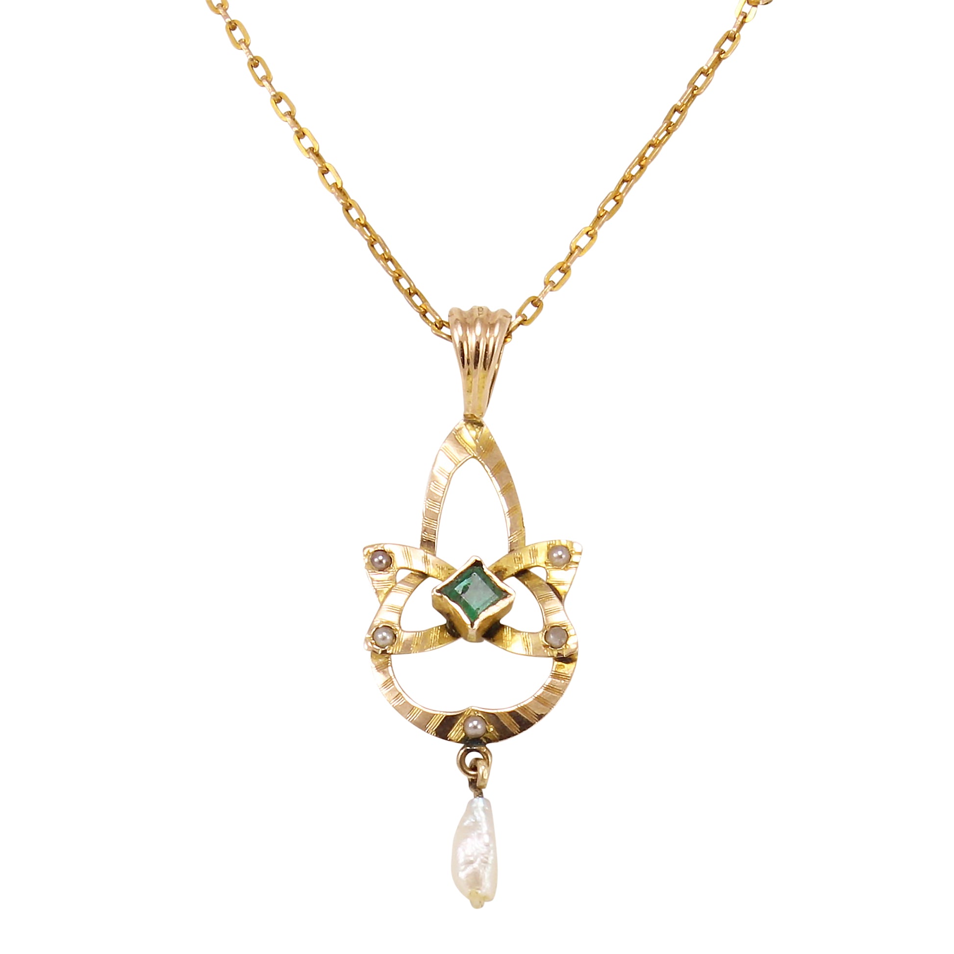 Edwardian Emerald and Pearl 10k Gold Lavalier