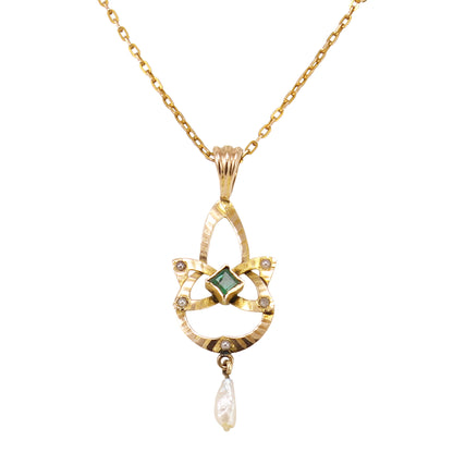 Edwardian Emerald and Pearl 10k Gold Lavalier