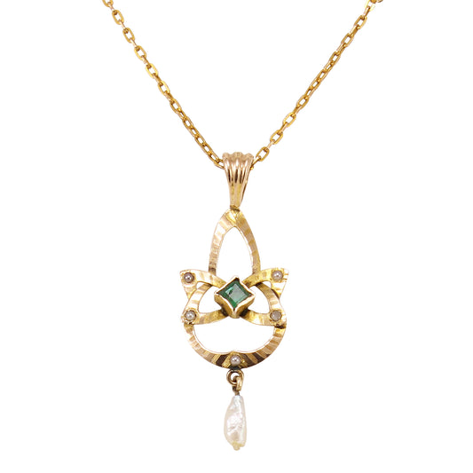 Edwardian Emerald and Pearl 10k Gold Lavalier