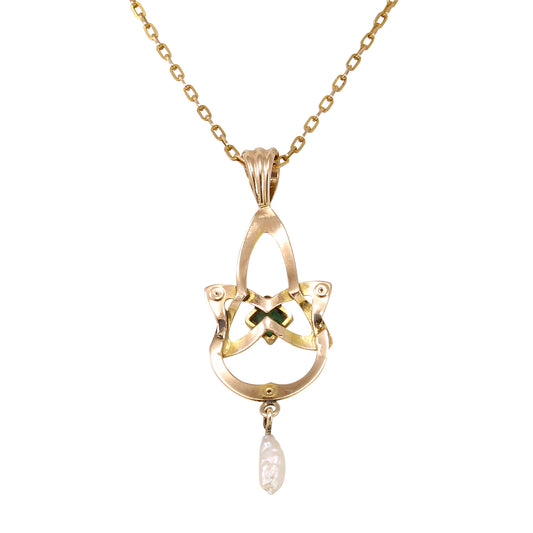 Edwardian Emerald and Pearl 10k Gold Lavalier Back