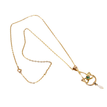 Edwardian Emerald and Pearl 10k Gold Lavalier Full