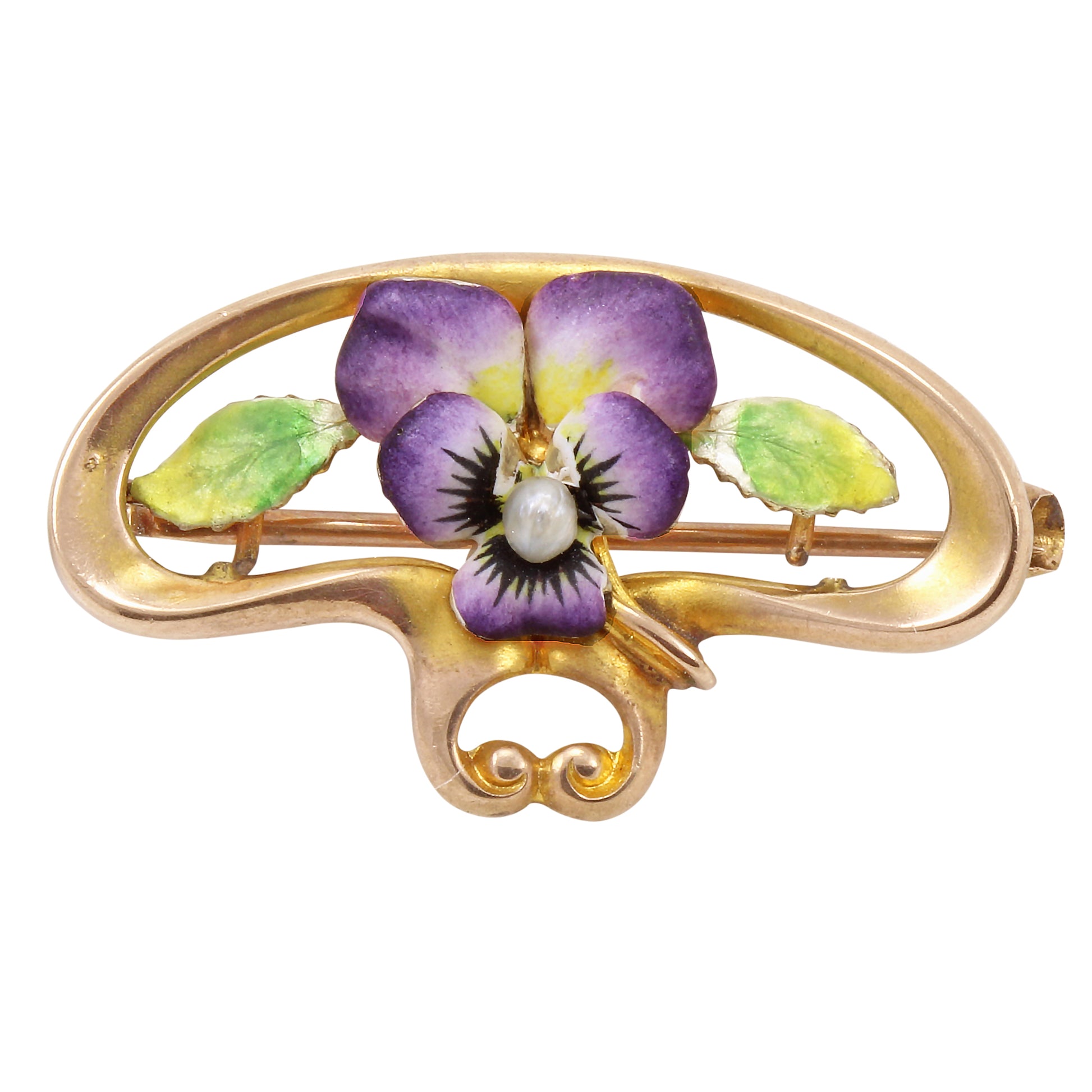Art Nouveau 10k Gold Enamel Pansy Pin Front
