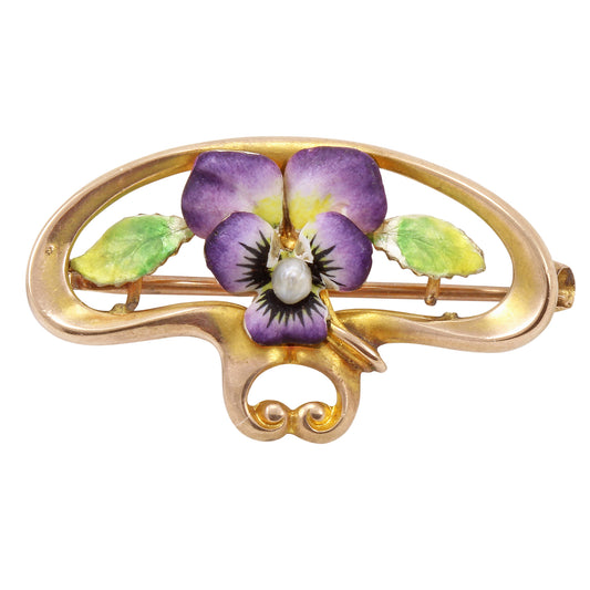 Art Nouveau 10k Gold Enamel Pansy Pin Front