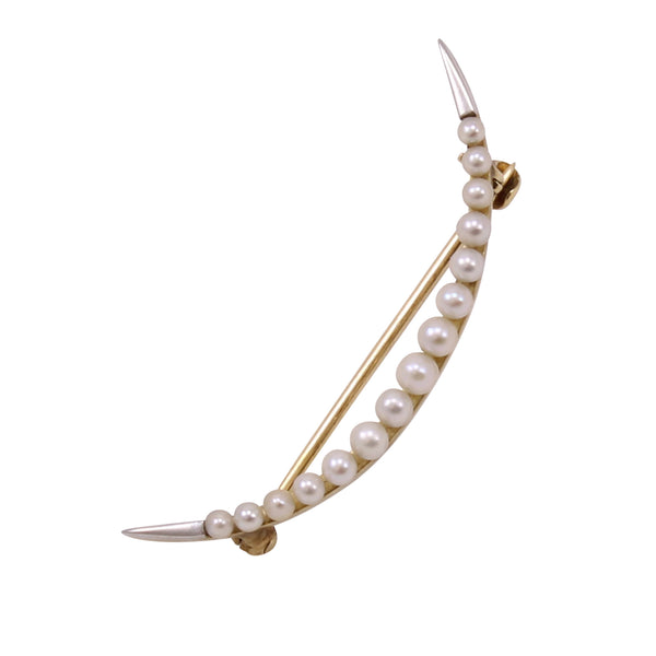 Victorian Pearl and 14k Gold Crescent Pin/Brooch Front