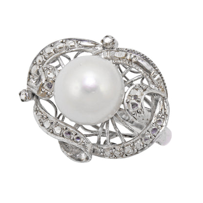 Vintage Sterling Silver Pearl Ring Front Side