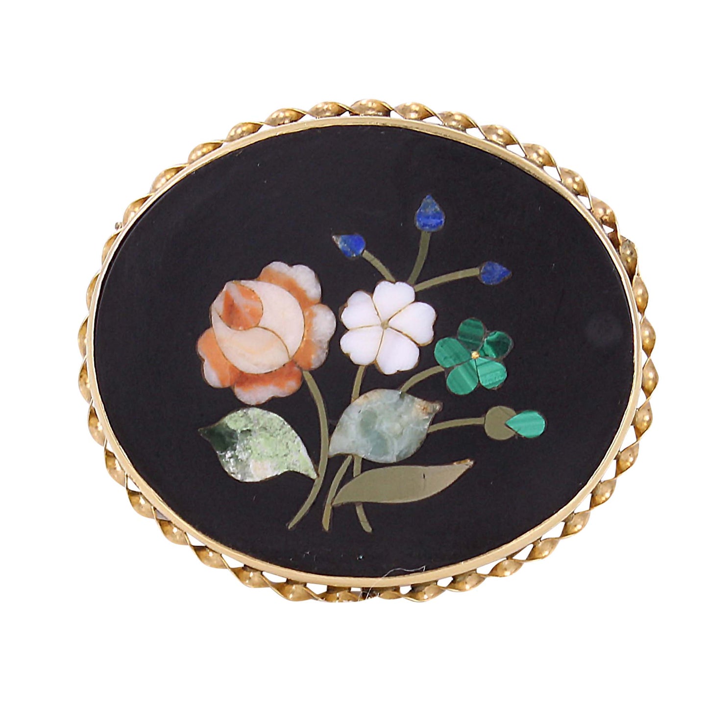 Pietra Dura Stone Inlay 14k Yellow Gold Pin/Pendant Front