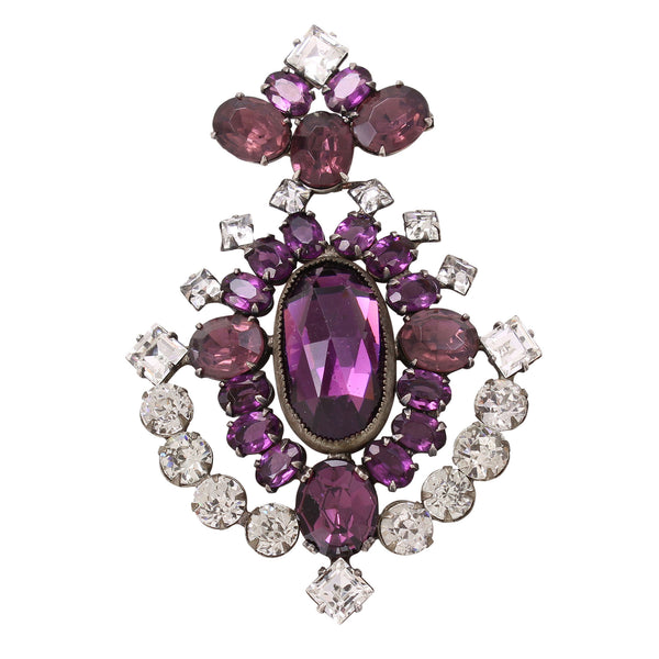 Incredible Large Amethyst and Crystal Rhinestone Articulated Brooch Front
