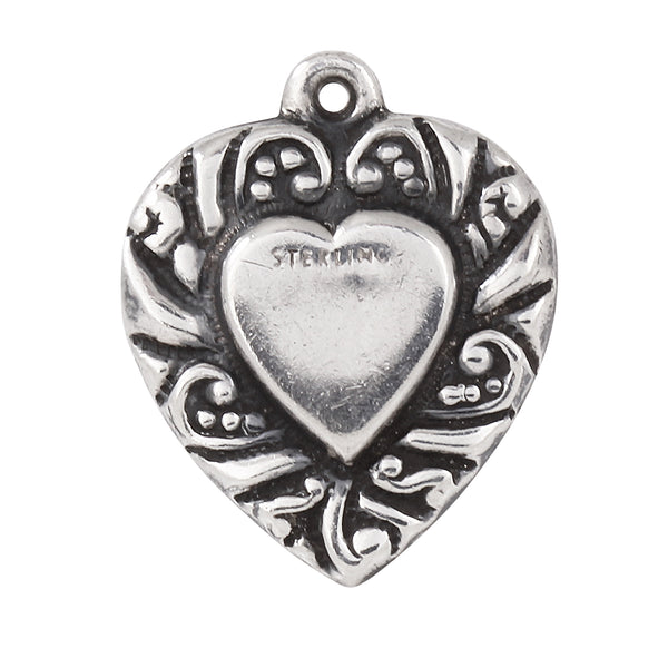 Scrolled Double Sided Vintage Sterling Puffy Heart Charm/Pendant Front
