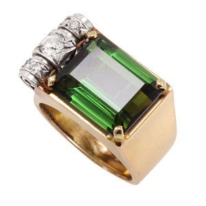 Retro 14k Gold  Diamond and Green Tourmaline Ring