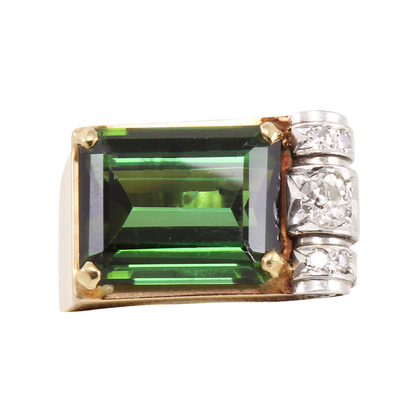 Retro 14k Gold  Diamond and Green Tourmaline Ring Front