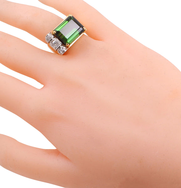 Retro 14k Gold  Diamond and Green Tourmaline Ring Worn