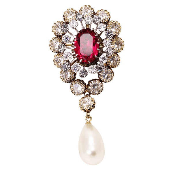 Spectacular Ruby Red Rhinestone and Glass Pearl Pin Front