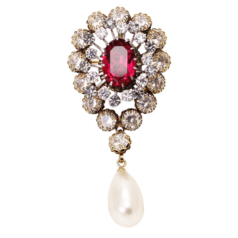 Spectacular Ruby Red Rhinestone and Glass Pearl Pin Front