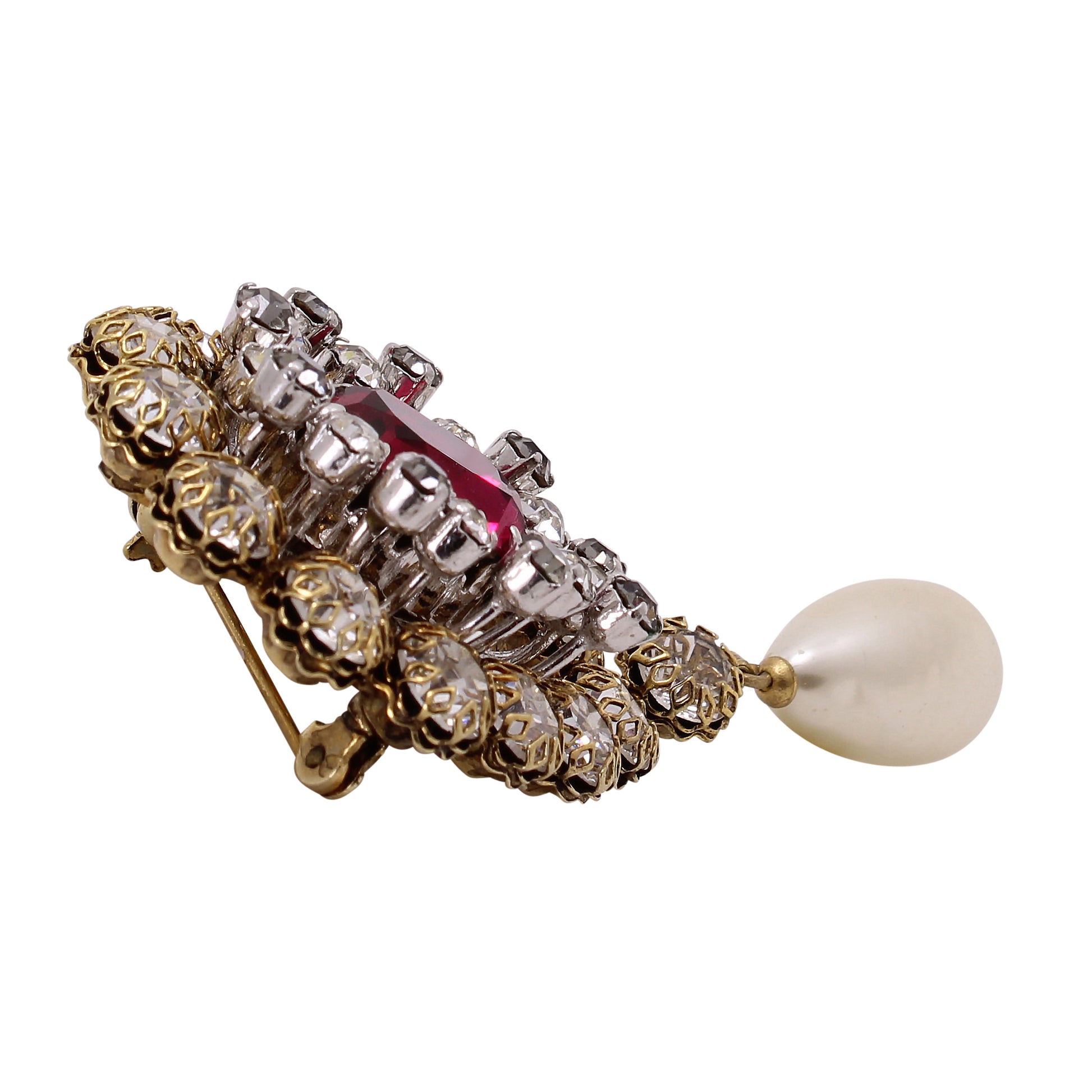 Spectacular Ruby Red Rhinestone and Glass Pearl Pin Side