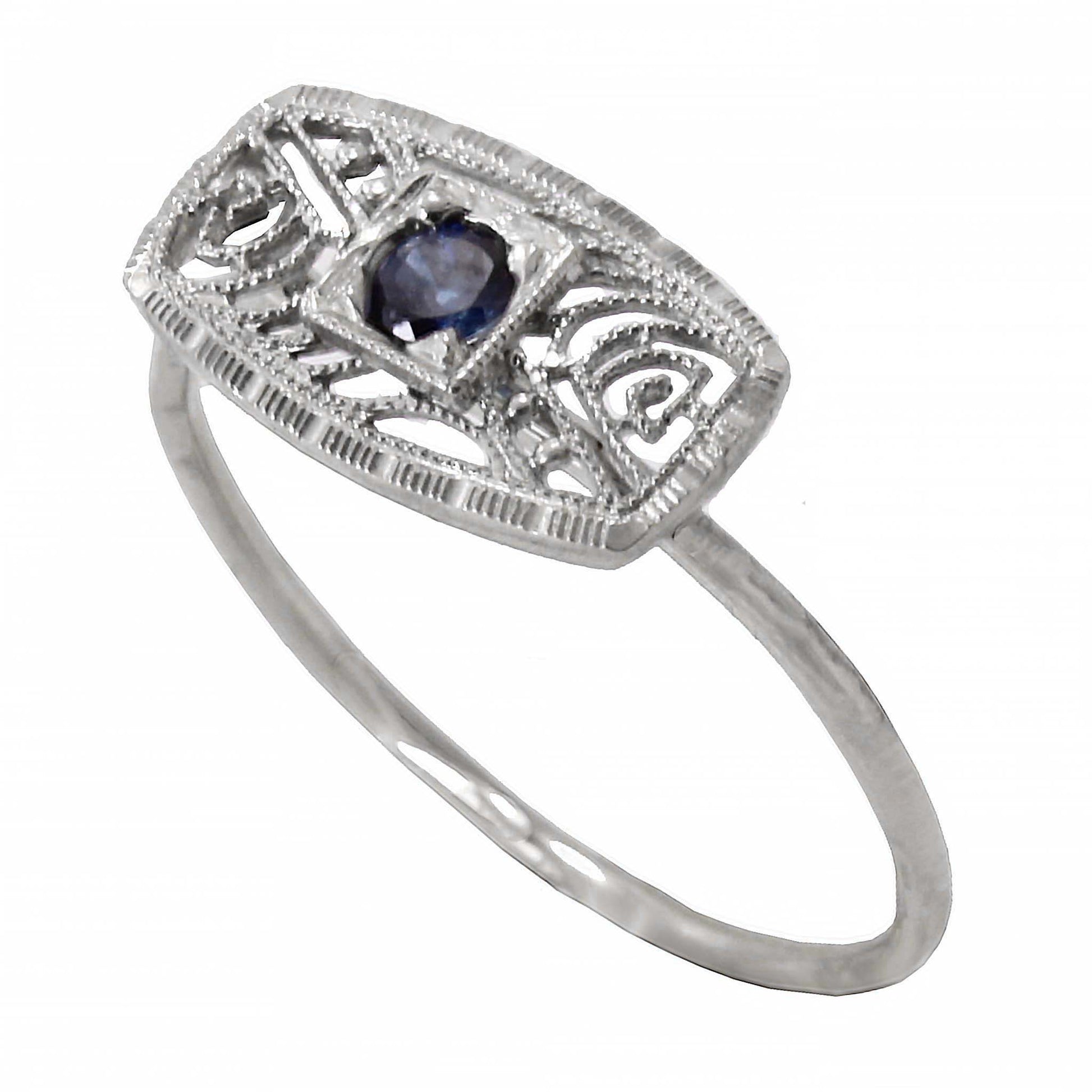 Art Deco 14k White Gold Filigree and Sapphire Conversion Ring Front