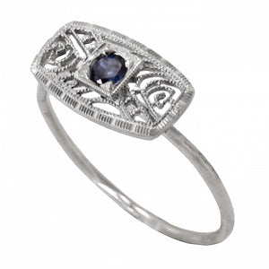 Art Deco 14k White Gold Filigree and Sapphire Conversion Ring Front