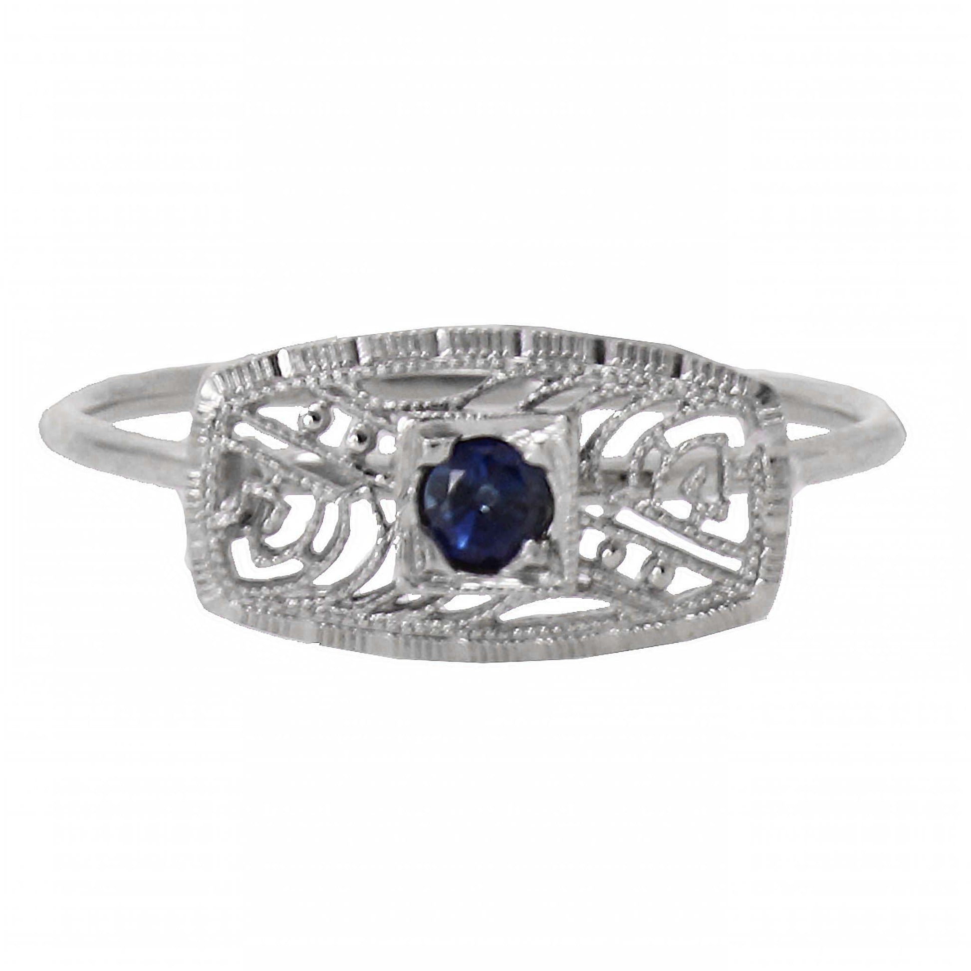 Art Deco 14k White Gold Filigree and Sapphire Conversion Ring Full