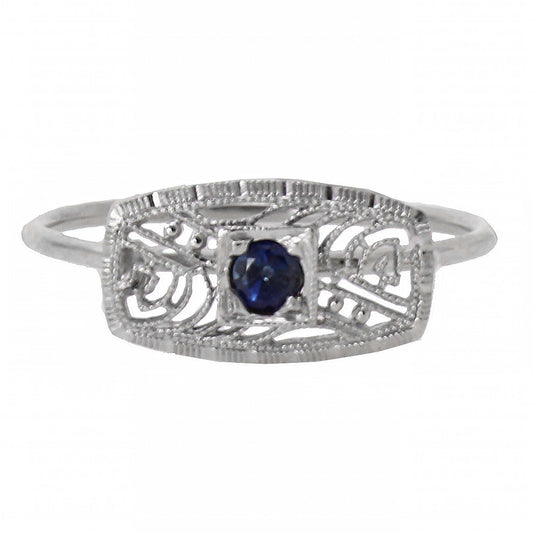 Art Deco 14k White Gold Filigree and Sapphire Conversion Ring Full