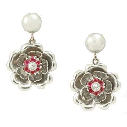 Retro Modern 14k Gold, Diamond, & Ruby Earrings Front