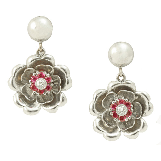 Retro Modern 14k Gold, Diamond, & Ruby Earrings Front