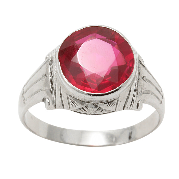 Art Deco Lab Ruby 10k White Gold Ring Front