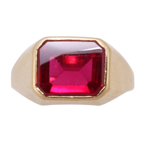 Mid-Century Lab Ruby and 10k Yellow Gold Ring Front