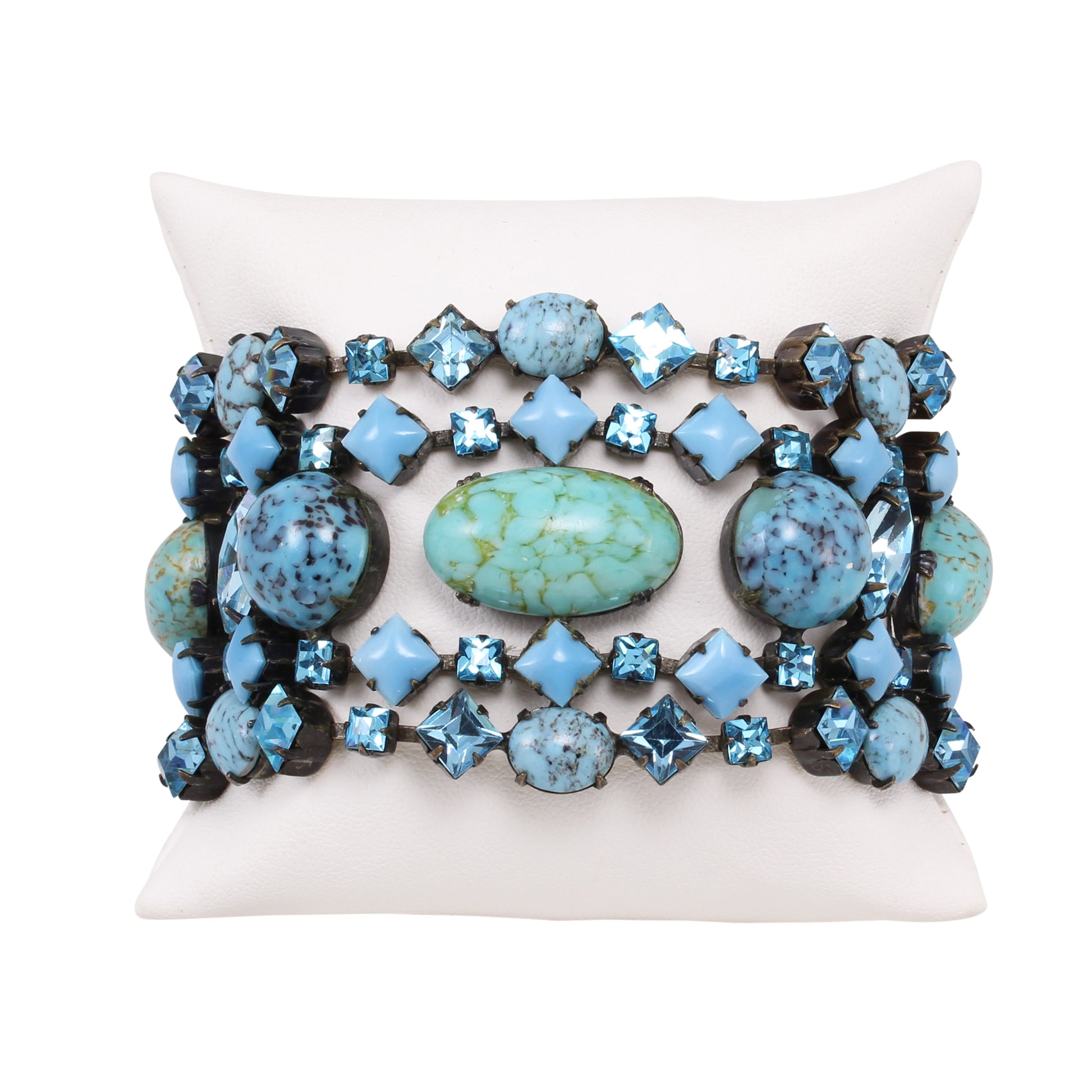 Spectacular Schreiner Turqoise Glass and Aqua Rhinestone Bracelet Front
