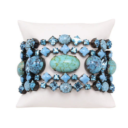 Spectacular Schreiner Turqoise Glass and Aqua Rhinestone Bracelet Front