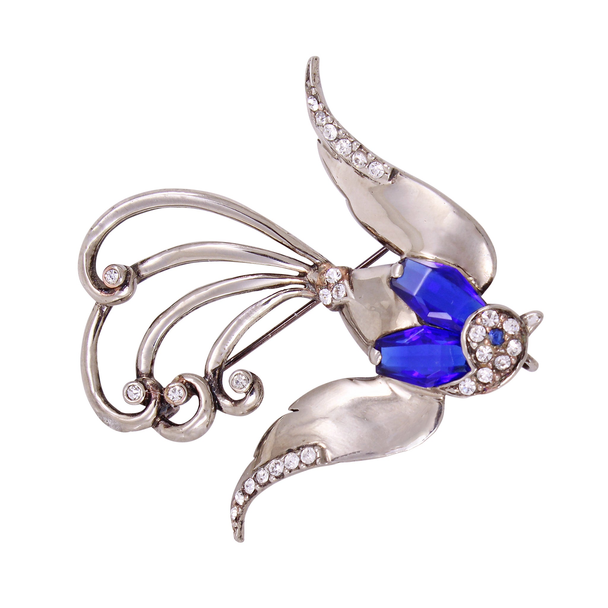 Blue Rhinestone Sterling Silver Vermeail Bird Pin/Pendant
