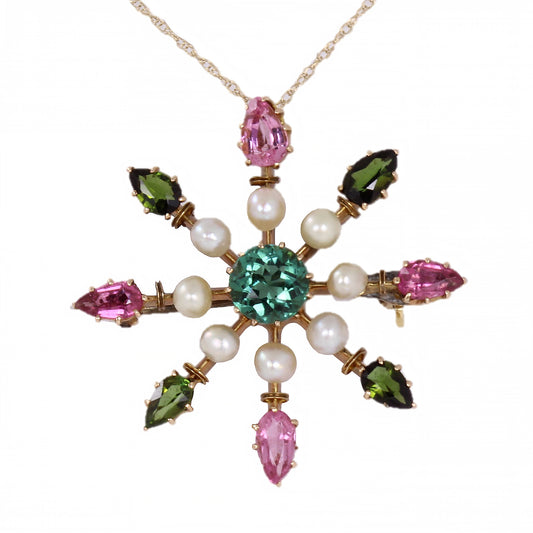 Tourmaline 3.65 cttw and Pearl 14k Gold Watch Pin/Pendant Front