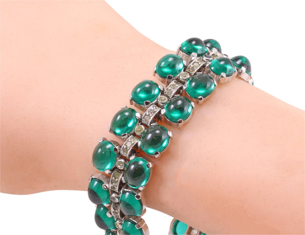 Trifari Emerald Green Glass Rhinestone Bracelet Worn