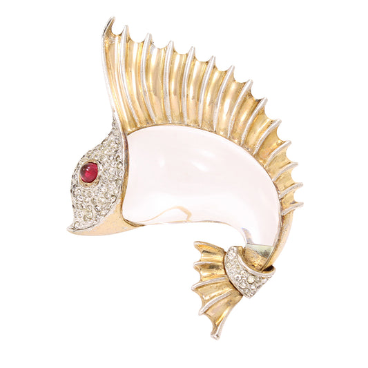 Trifari 1940s Scarce Sterling Jelly Belly Sailfish Fur Pin Clip Front