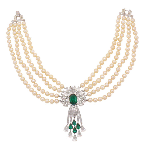 Trifari Glass Pearl and Emerald Rhinestone Necklace Front