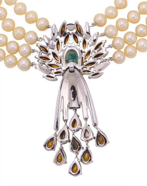 Trifari Glass Pearl and Emerald Rhinestone Necklace Back