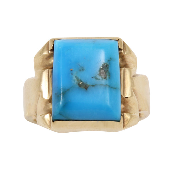 Mid-Century Turquoise 10k Yellow Gold Ring Frony