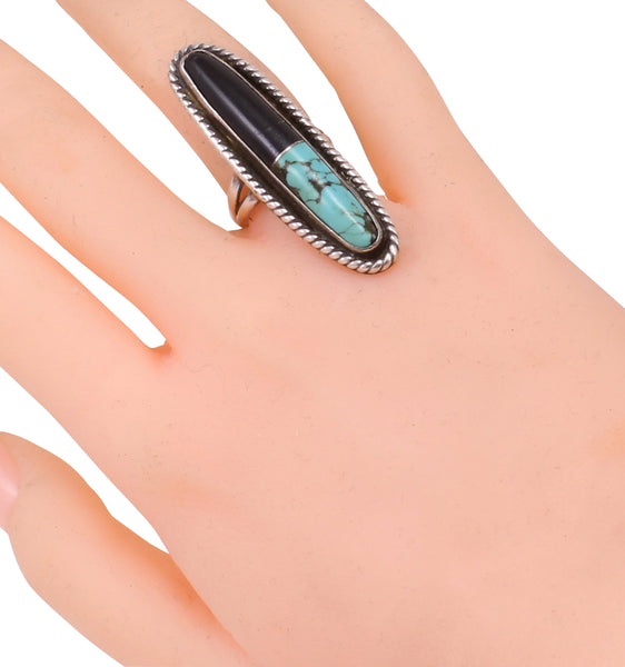 Turquoise and Onyx Vintage Sterling Ring Worn
